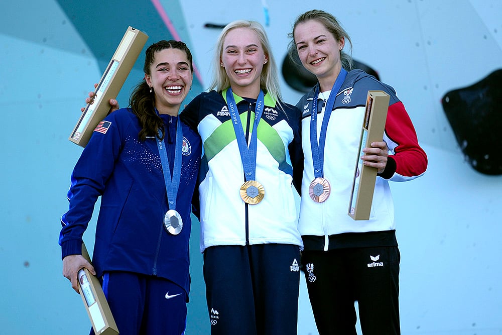 | Photo: AP/Tsvangirayi Mukwazhi : Women's boulder and lead final winners: Gold medallist Janja Garnbret of Slovenia, center, silver medallist Brooke Raboutou of the United States, left, and bronze medallist Jessica Pilz of Austria